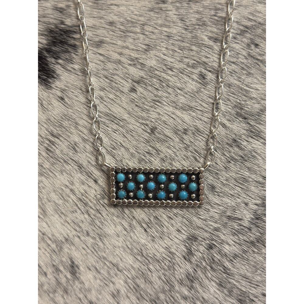 Native Navajo Handmade Sterling Kenny Longjose Kingman Turquoise Bar Necklace - Picture 7 of 10